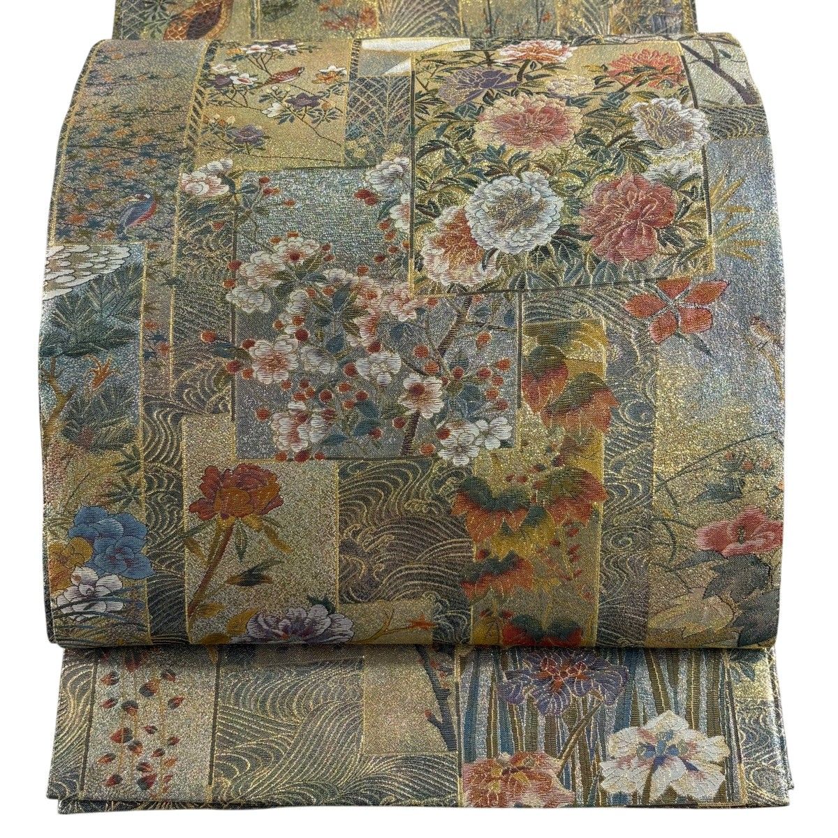 【美品】 袋帯 名品 近代花鳥画 色紙 草花 箔 灰緑 六通 正絹 【中古】 11,534円