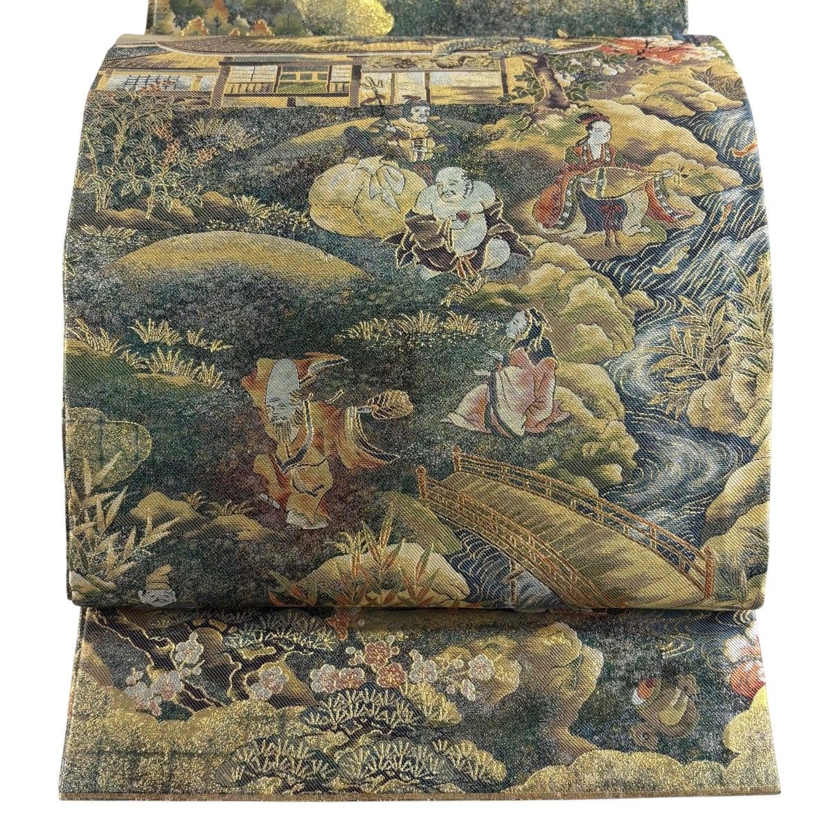 【美品】 丸帯 名品 十寿円満図 本金箔全通丸帯 家屋 人物 箔 金色 全通 正絹 【中古】