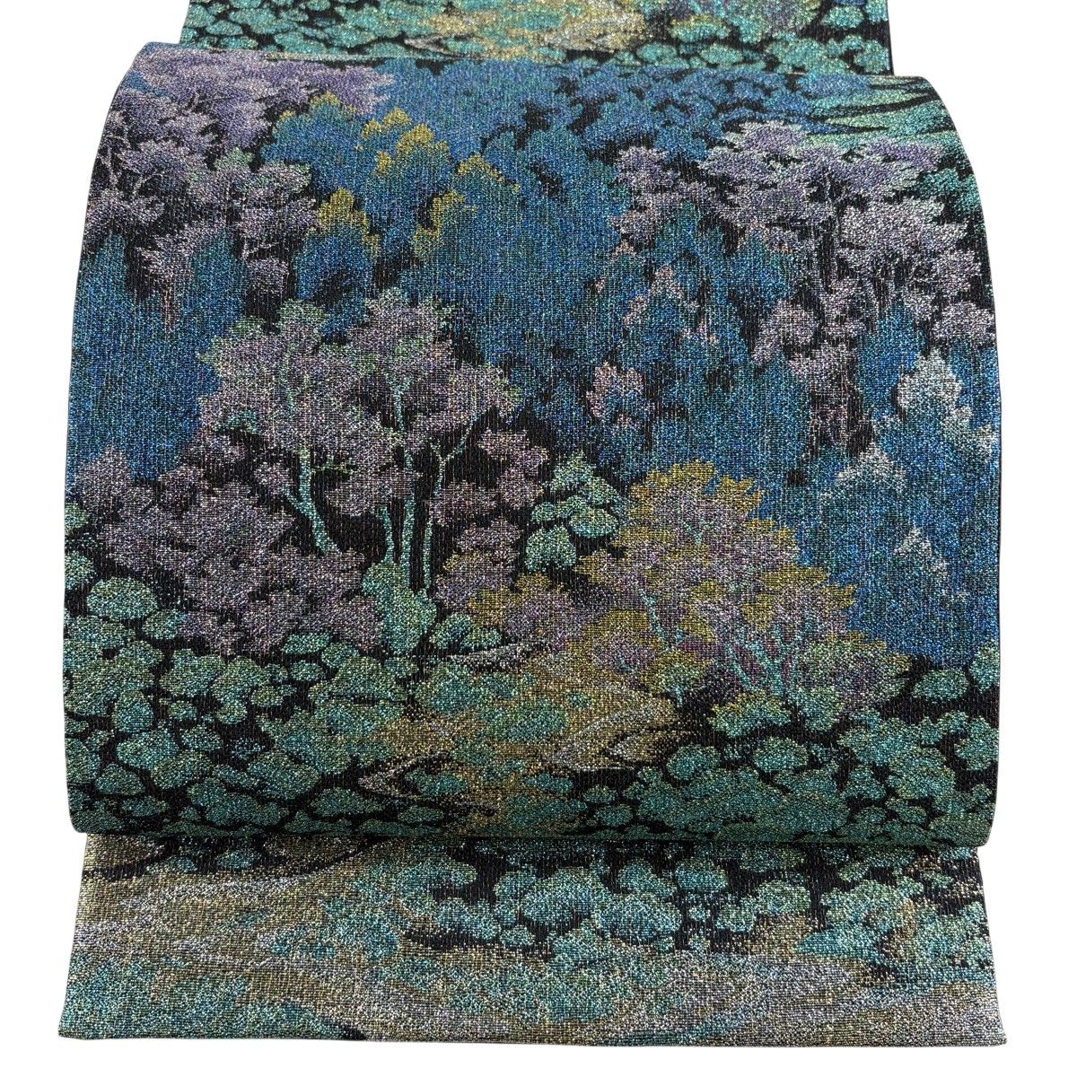 【美品】 袋帯 名品 樹木 霞 金銀糸 箔 青緑 六通 正絹 【中古】