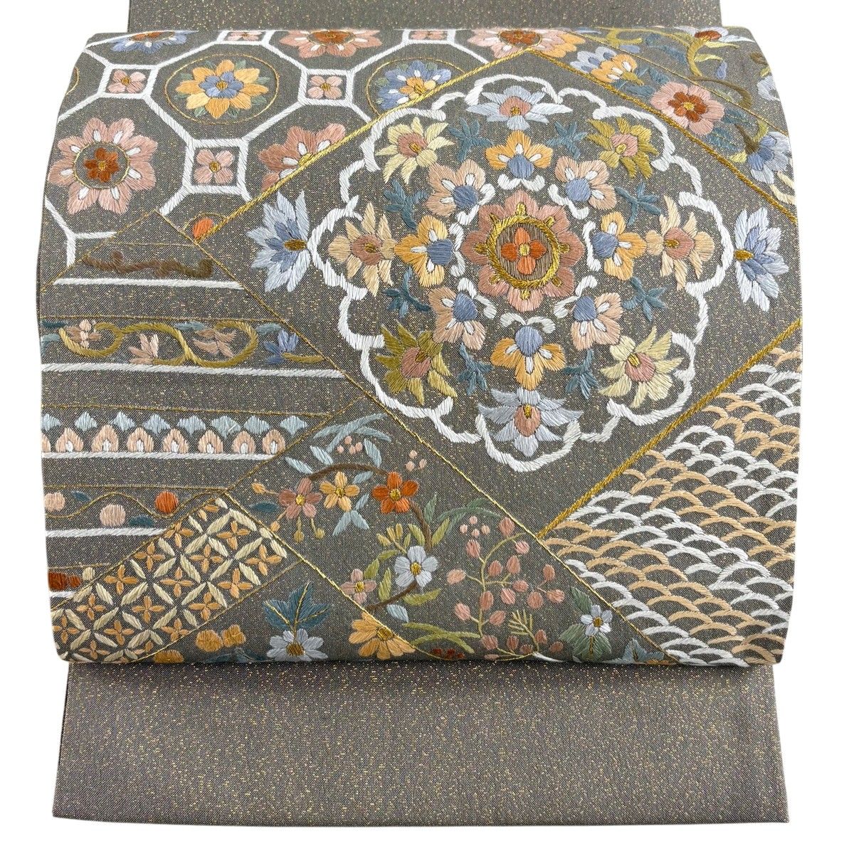 【美品】 袋帯 名品 華文 蜀江文 金糸 刺繍 灰色 お太鼓柄 正絹 【中古】 11,534円