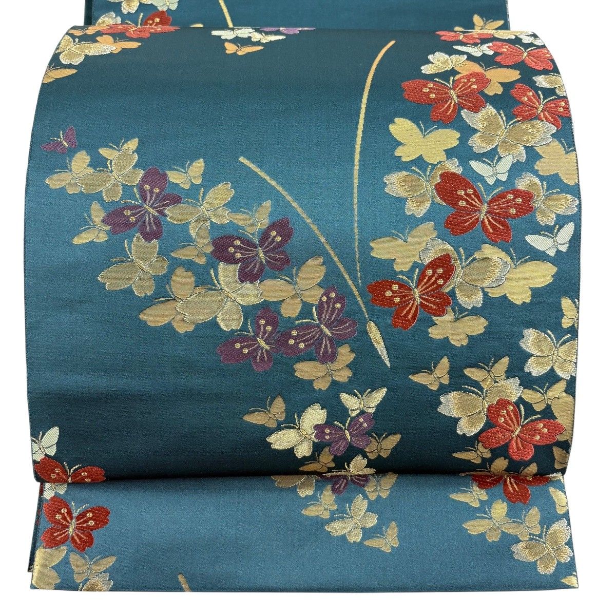 【美品】 袋帯 名品 森英恵 落款 蝶 金糸 箔 青緑 六通 正絹 【中古】