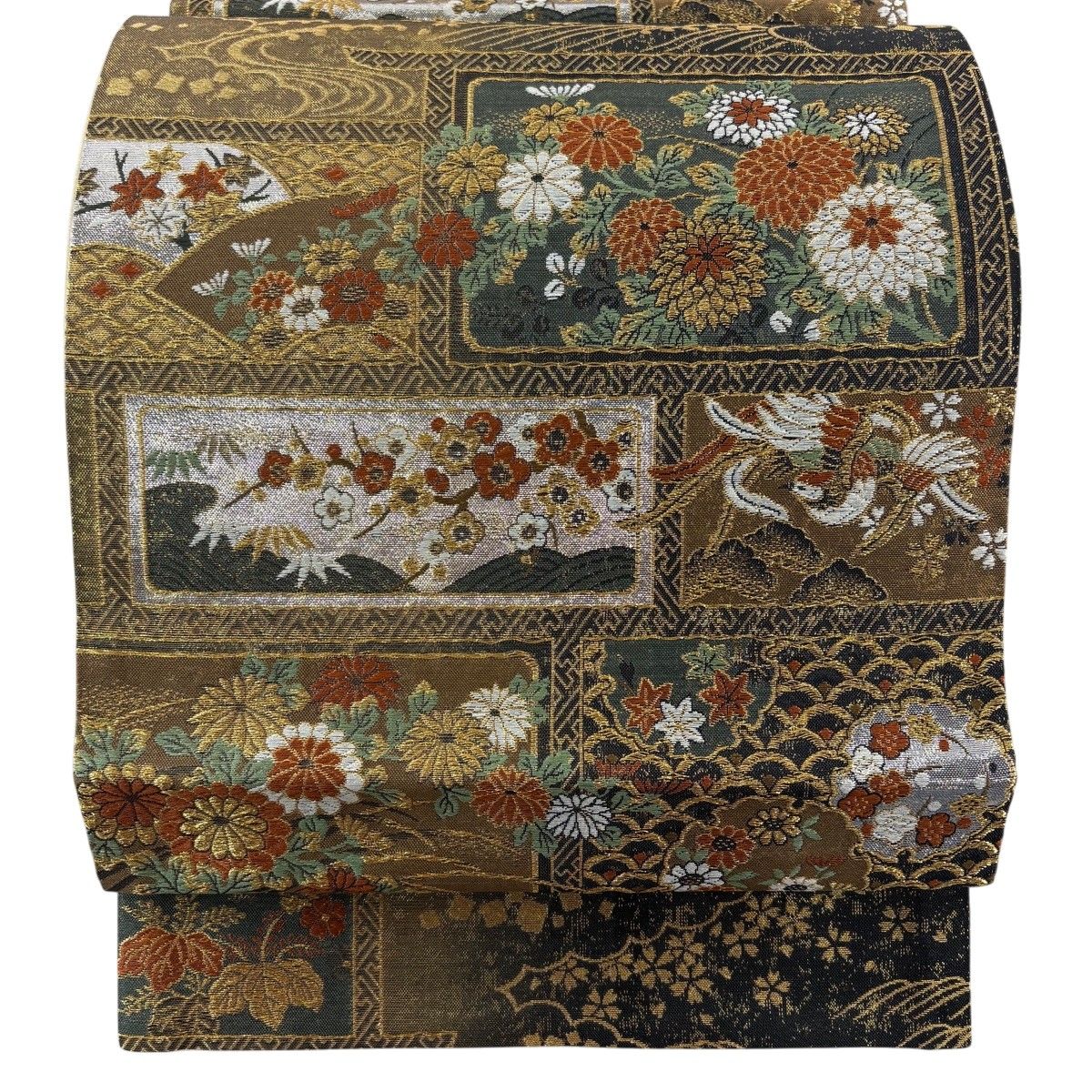 【美品】 袋帯 秀品 菊 鳳凰 箔 唐織 茶緑色 六通 正絹 【中古】