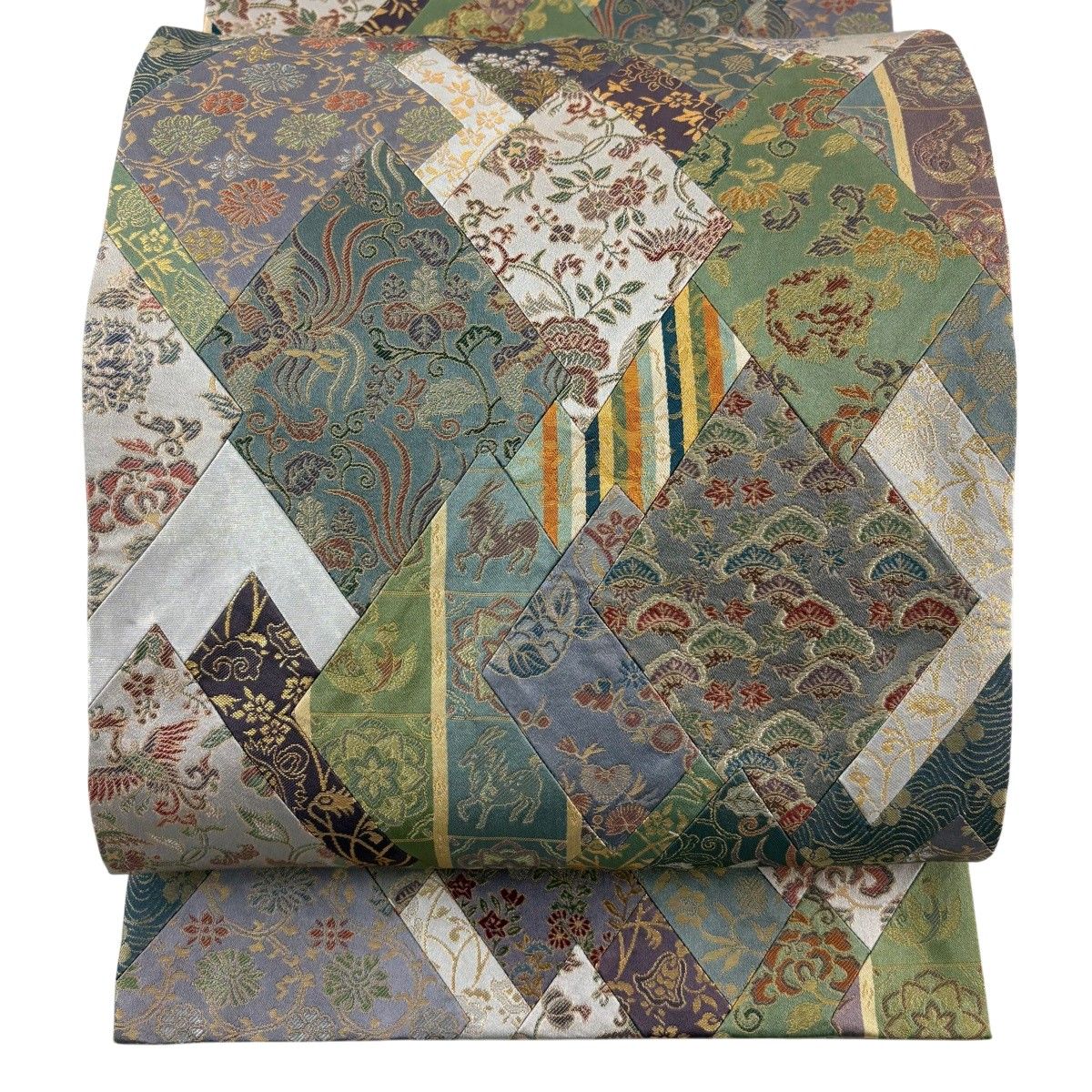【美品】 袋帯 秀品 花鳥 幾何学模様 箔 緑 全通 正絹 【中古】