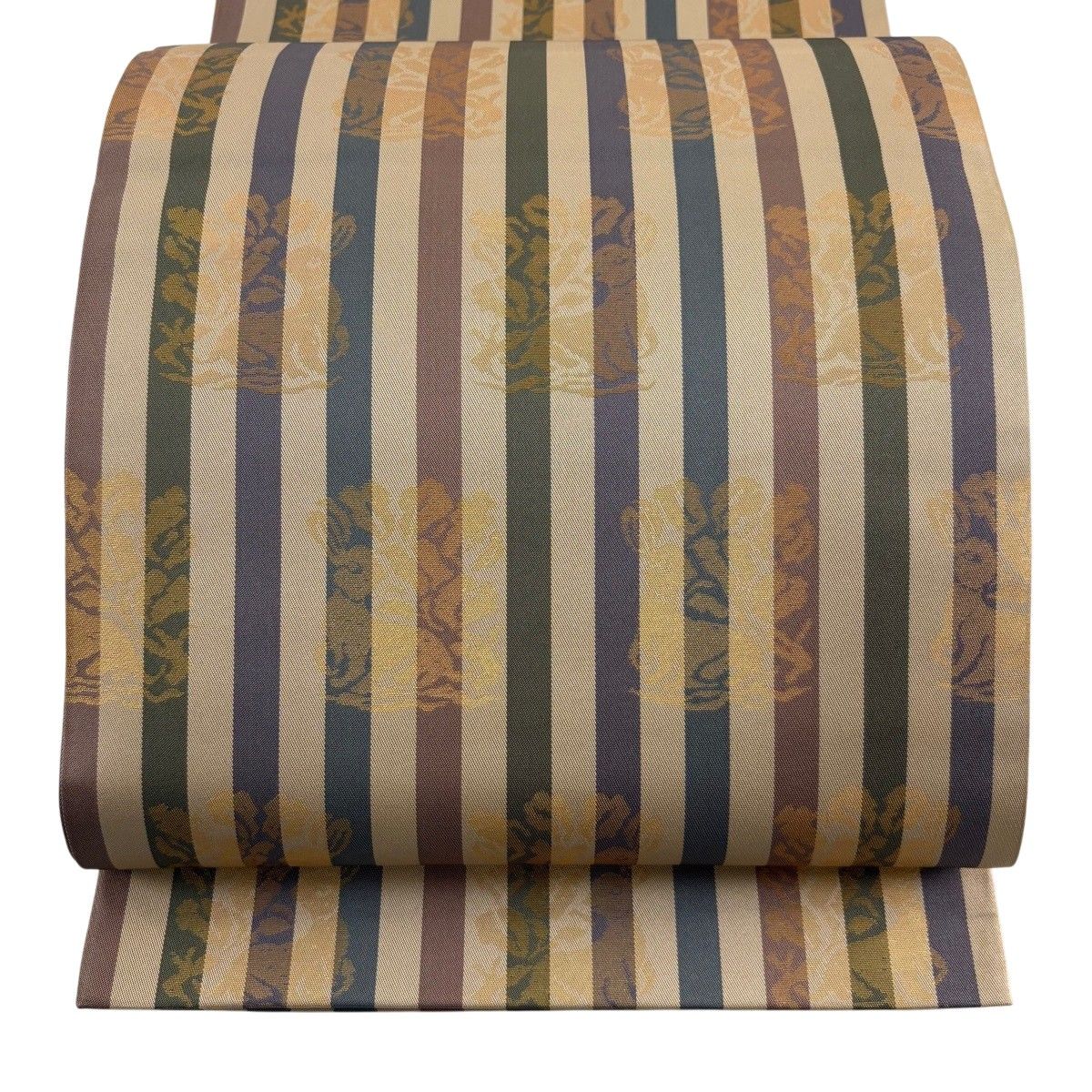 【美品】 袋帯 秀品 落款 あらいそ 花兎 縞 箔 薄茶色 全通 正絹 【中古】