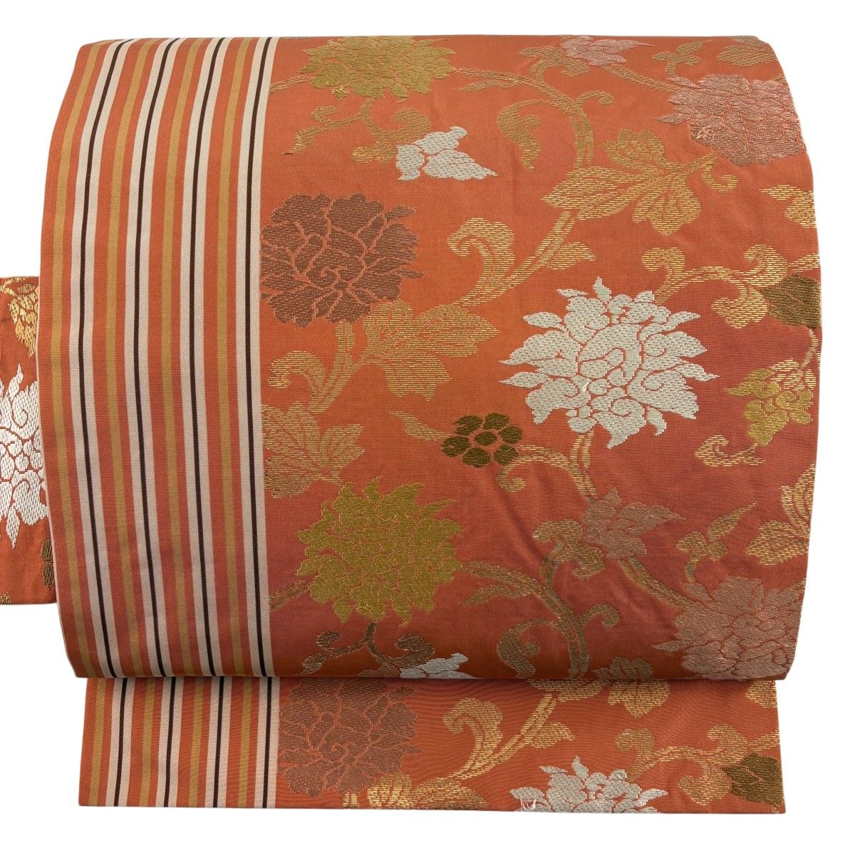 名古屋帯 秀品 花唐草 縞 箔 オレンジ 正絹 【中古】 6,776円