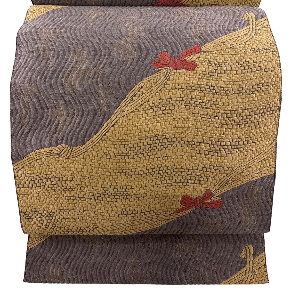 【美品】 名古屋帯 秀品 松葉仕立て 八寸名古屋帯 幾何学模様 黄土色 正絹 【中古】