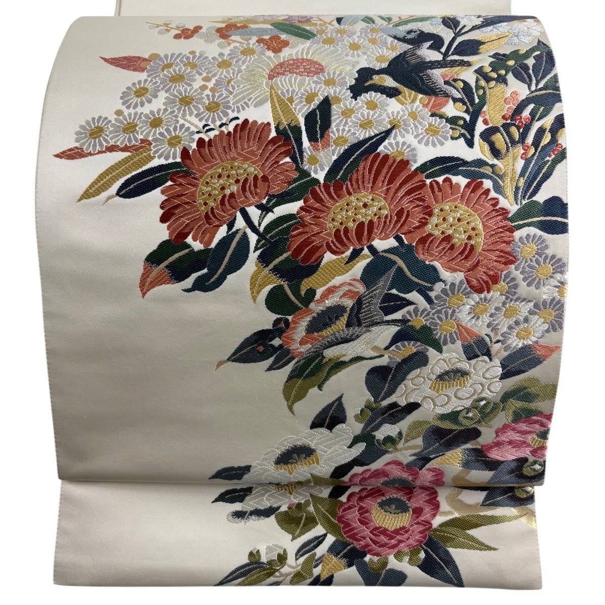 【美品】 袋帯 秀品 ほていや 草花 鳥 箔 唐織 ベージュ お太鼓柄 正絹 【中古】 6,160円