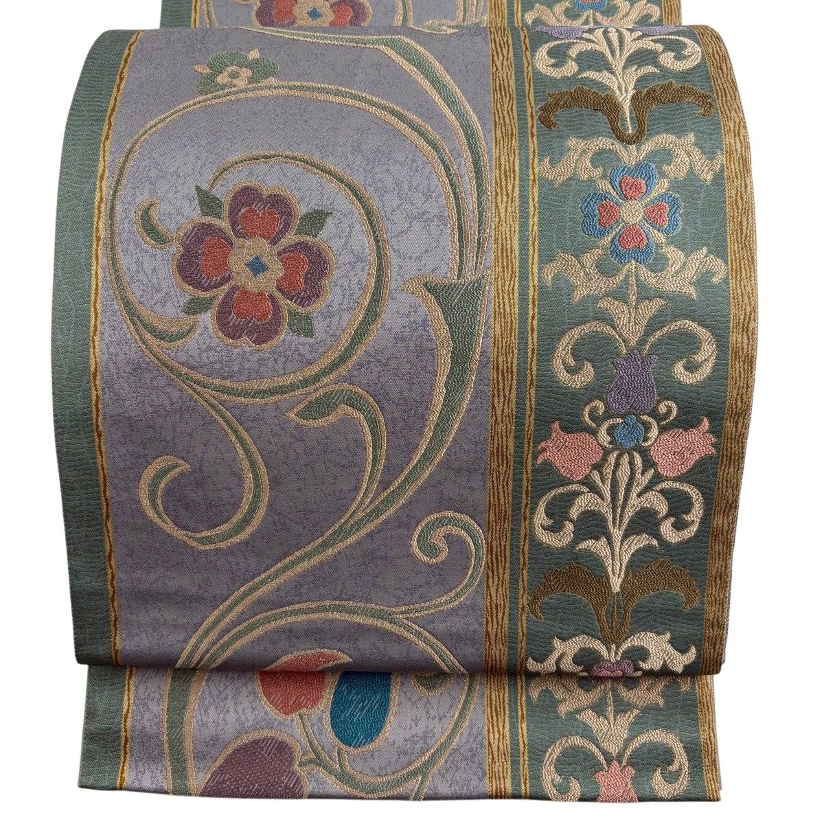 【美品】 袋帯 秀品 花唐草 草花 箔 灰紫 六通 正絹 【中古】