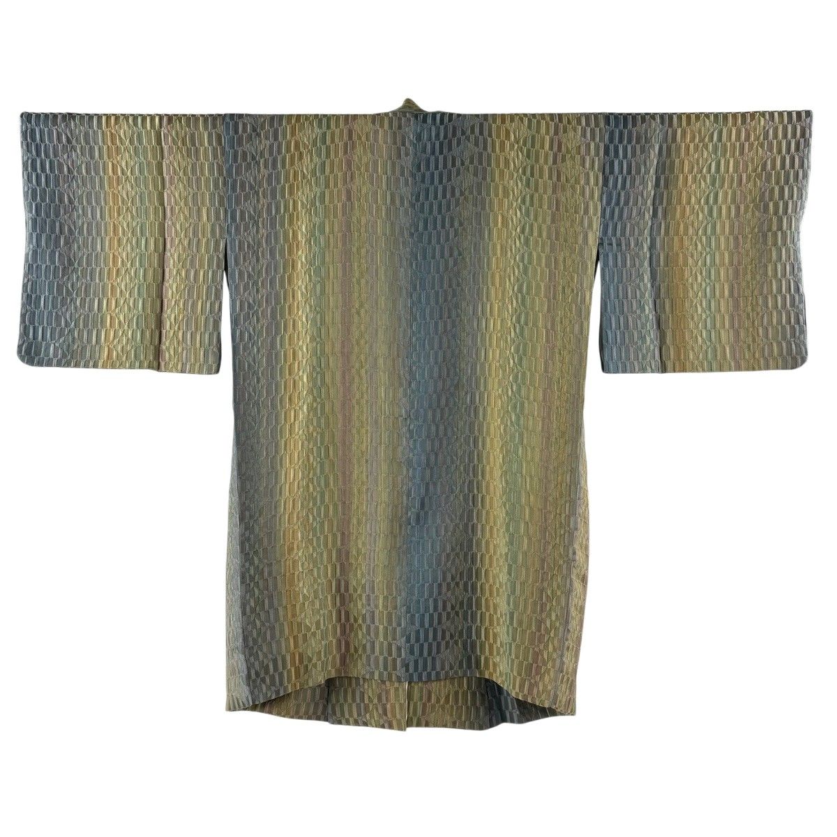 【美品】 道中着 身丈96.5cm 裄丈68cm L 和装コート 落款 縞 幾何学 黄土色 正絹 逸品 【中古】