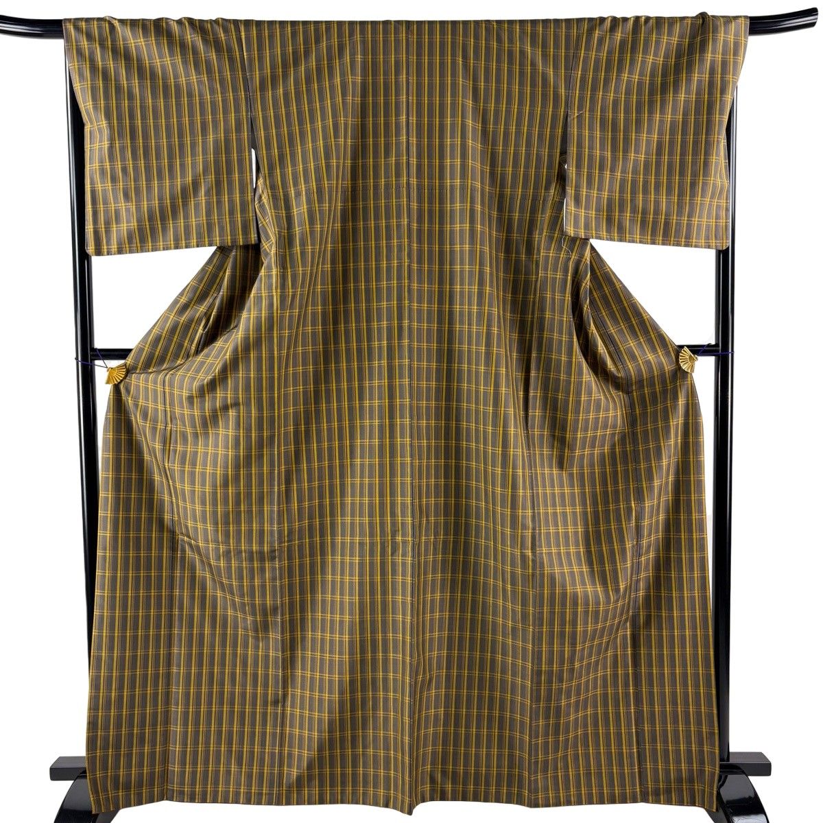 【美品】 紬 身丈167.5cm 裄丈68cm L 袷 格子 焦茶色 正絹 逸品 【中古】