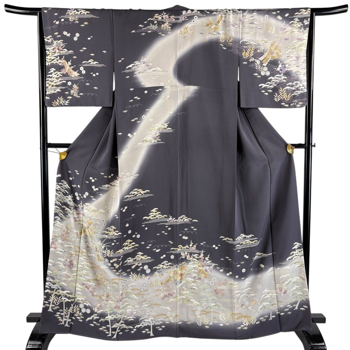 訪問着 身丈165cm 裄丈65.5cm M 袷 短冊 松竹梅 金彩 金糸 灰紫 正絹 名品 【中古】