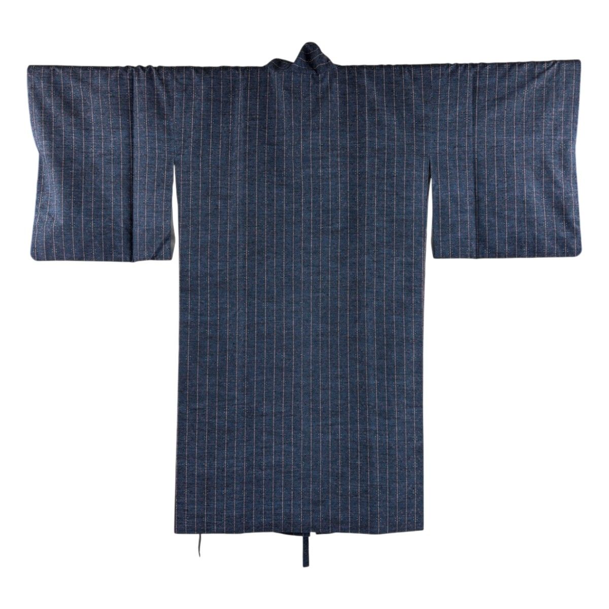 【美品】道中着 身丈109cm 裄丈65cm M 和装コート 紬地 縦縞 幾何学 紺色 正絹 名品 【中古】