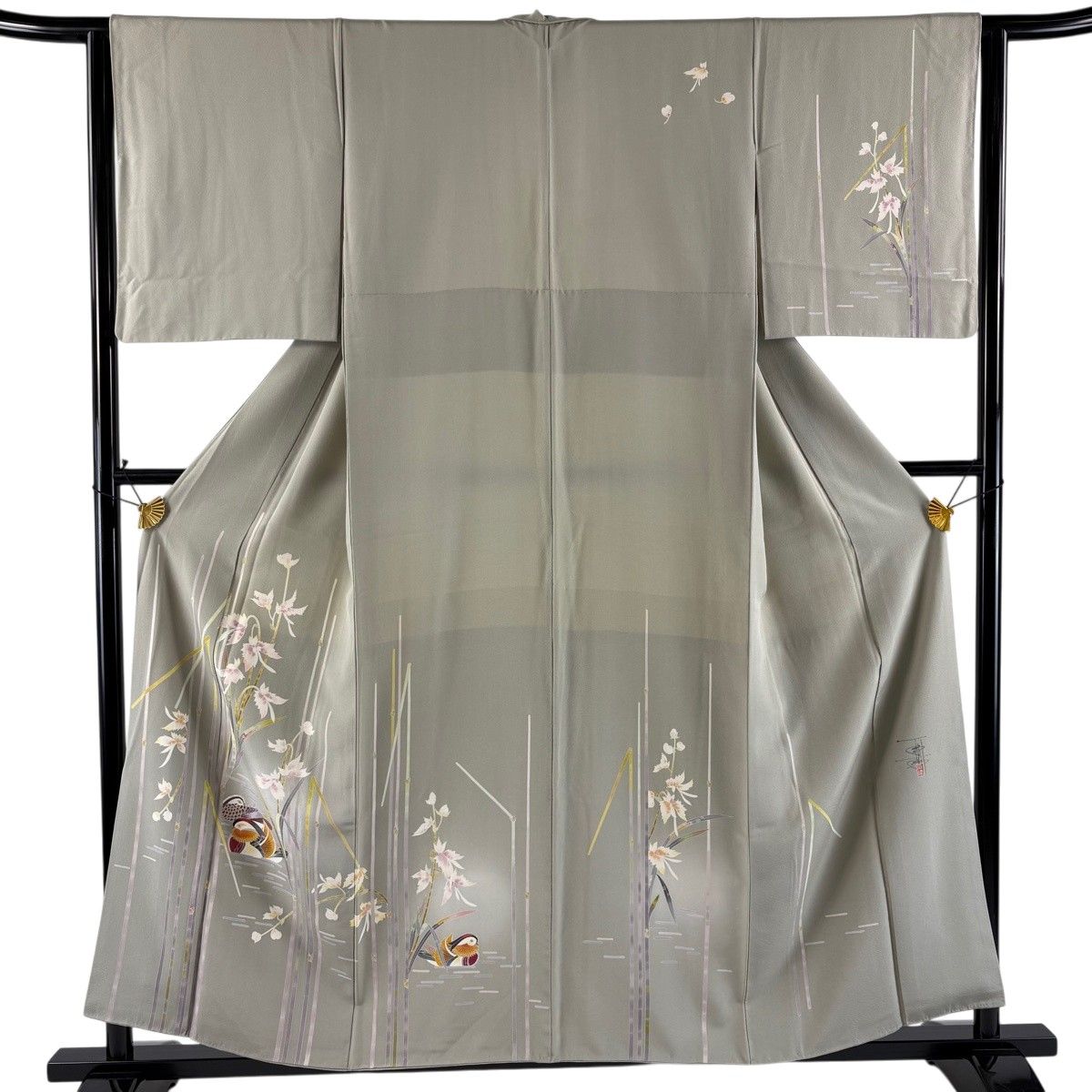訪問着 身丈156cm 裄丈63.5cm S 袷 百貫石峰 落款 鴛鴦 草花 ぼかし 灰茶 正絹 名品 【中古】