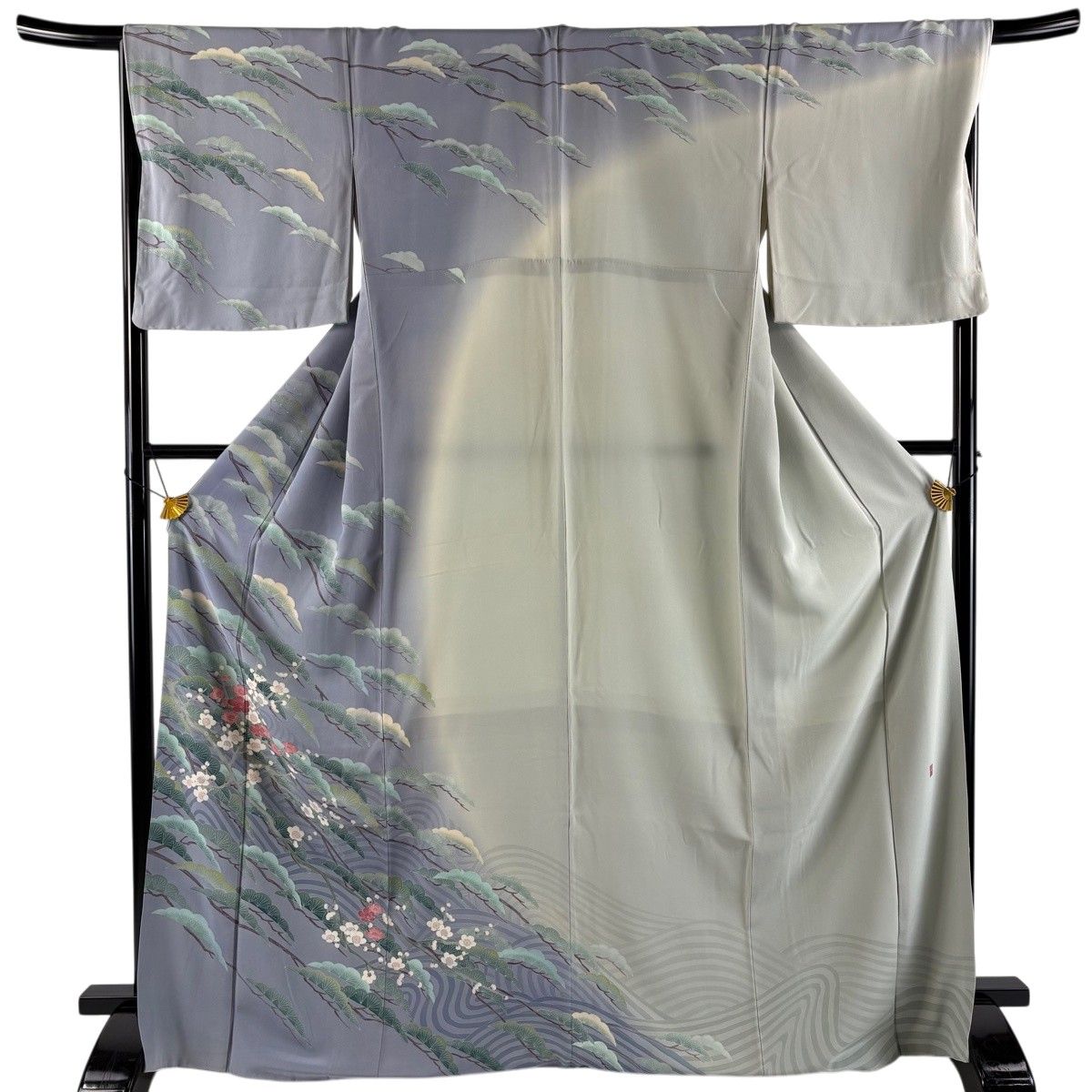 訪問着 身丈170cm 裄丈68cm L 袷 落款 松 梅 染め分け 青灰色 正絹 名品 【中古】