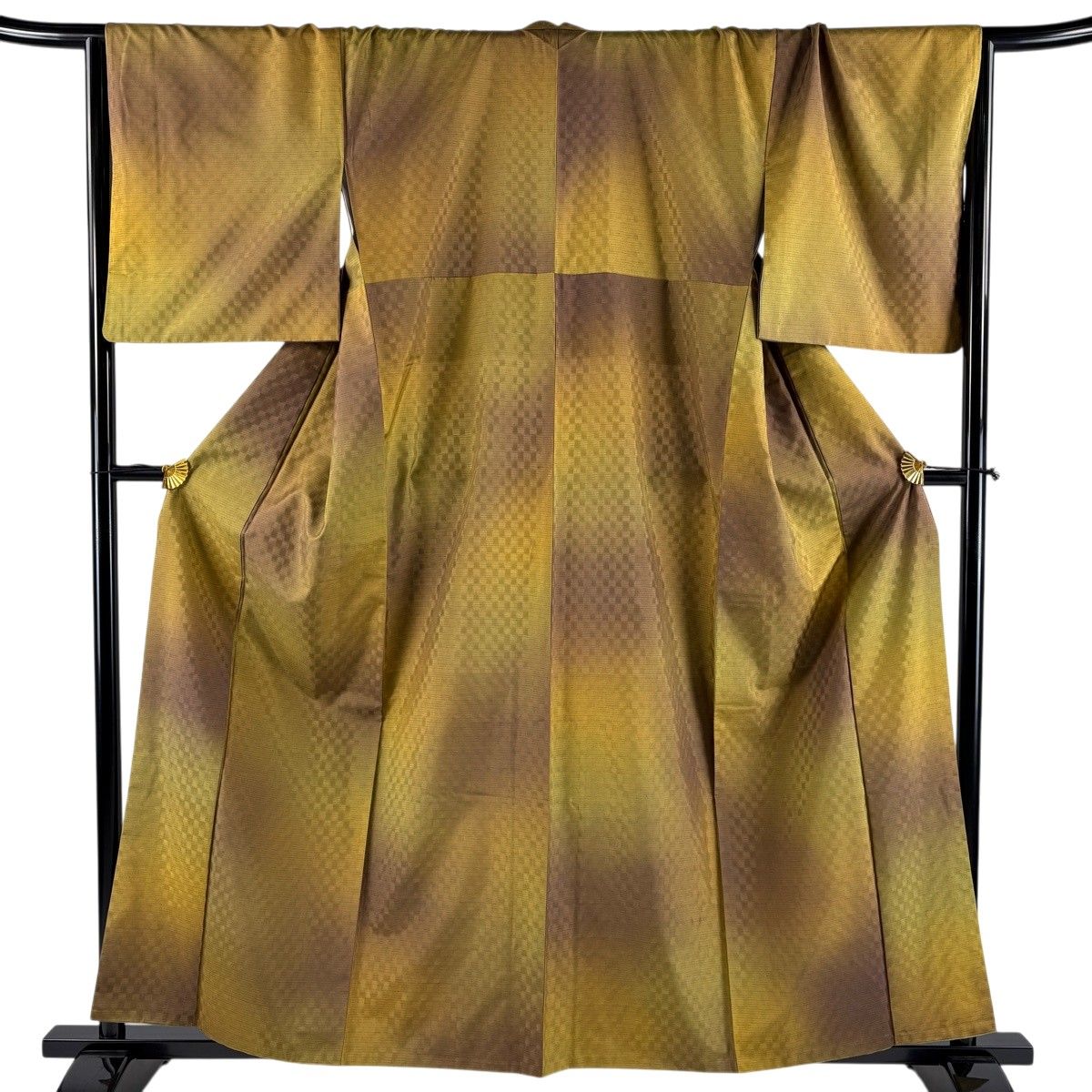 【美品】 紬 身丈160cm 裄丈68.5cm L 袷 地紋 縞 黄土色 正絹 名品 【中古】 12,994円