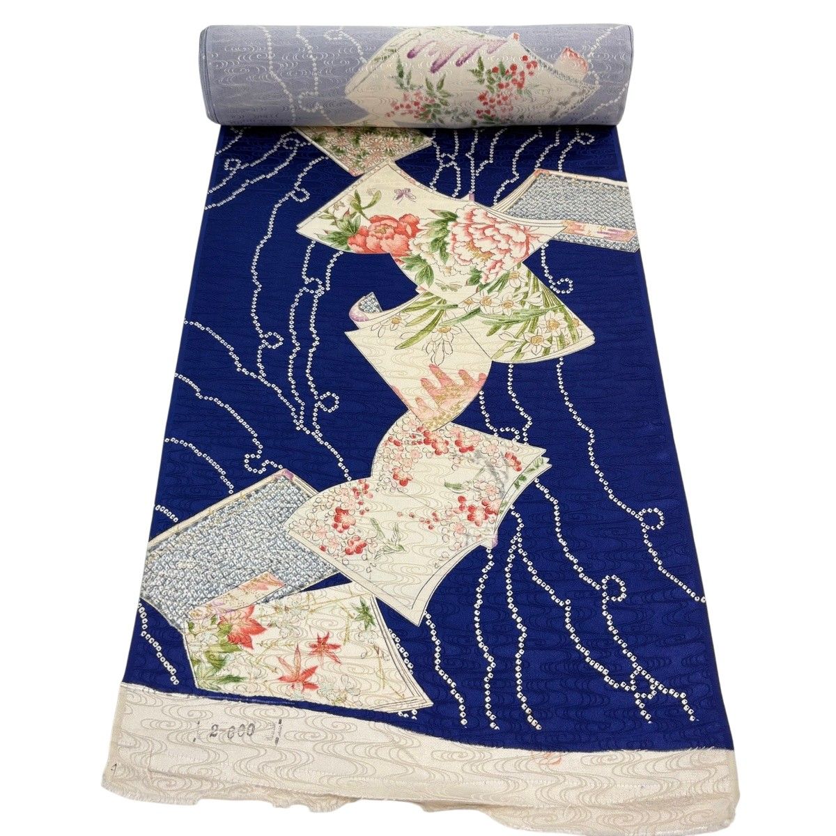 反物 秀品 小紋 冊子 草花 金彩 青 正絹 【中古】