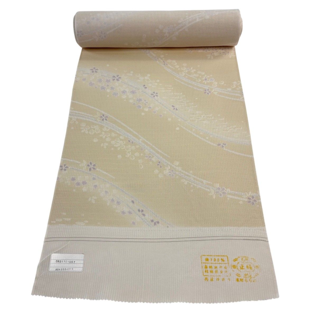 反物 秀品 小紋 薄物 縦絽 花 流水 ぼかし ベージュ 正絹 【中古】