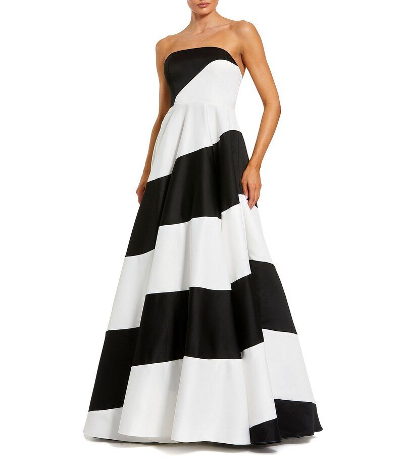 マックダガル レディース トップス ワンピース サテン ストラップレス Mac Duggal Striped Satin Strapless Ball Gown Black Ivory アイボリー