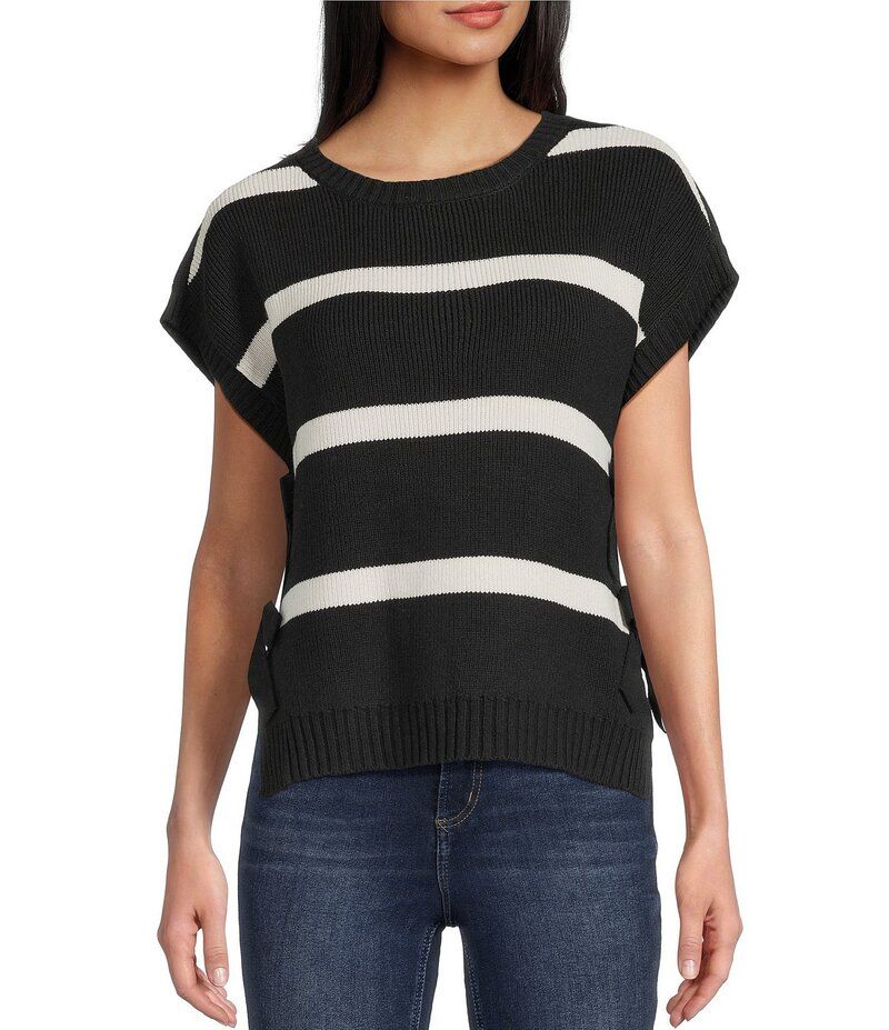ブルーペッペーブルーペッパー レディース アウター ニット・セーター セーター Blu Pepper Striped Short Sleeve Side Bow Detail Sweater Blac