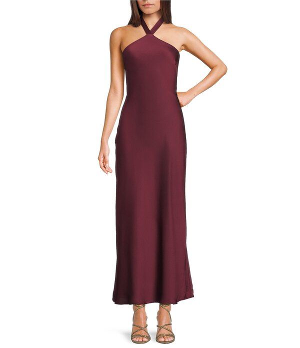 ビーダーリン レディース トップス ワンピース サテン ホルター B Darlin Satin Halter Neck Tie Back Long Dress Wine ワイン