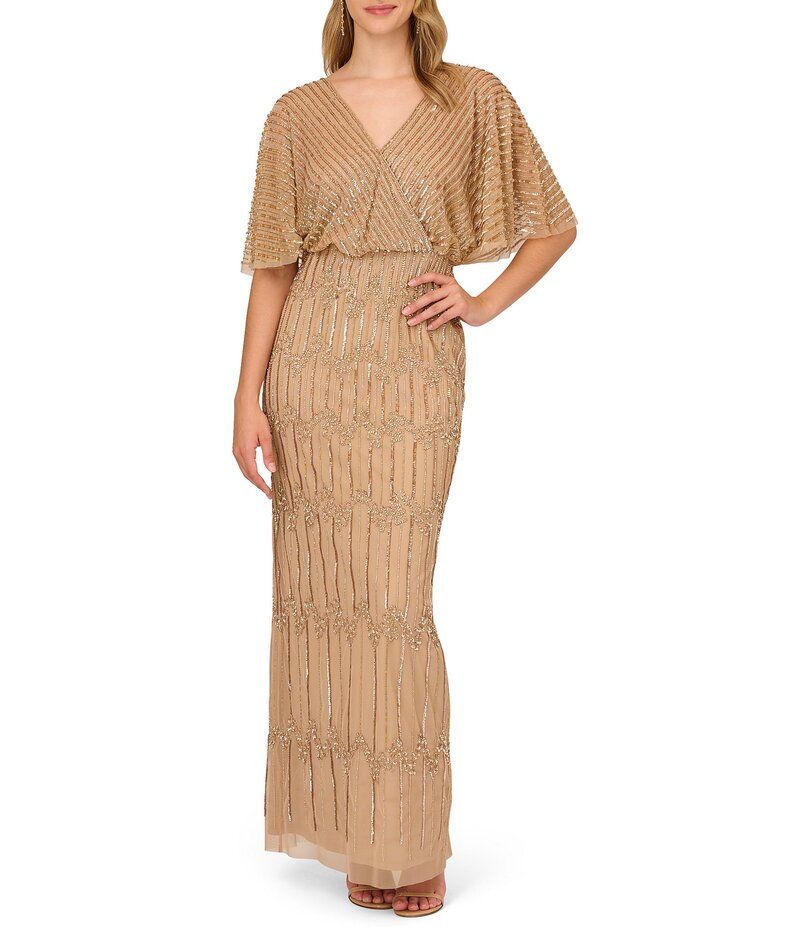 アドリアナ パペル レディース トップス ワンピース Vネック Adrianna Papell Beaded Short Flutter Sleeve VNeck Blouson Gown Champ