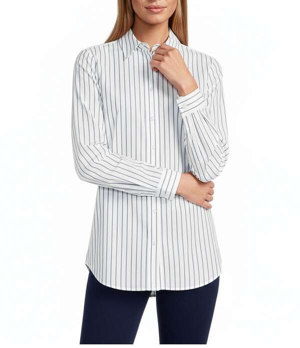ジョーンズニューヨーク レディース トップス シャツ Jones New York Side Button Yarn Dyed Striped Poplin Point Collar Long Sle