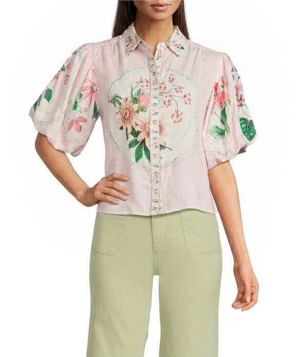 エーラブズエー レディース トップス シャツ フラワー柄 プリント リネン フラワー A Loves A Floral Print Linen Blend Collared Neck Short Bu