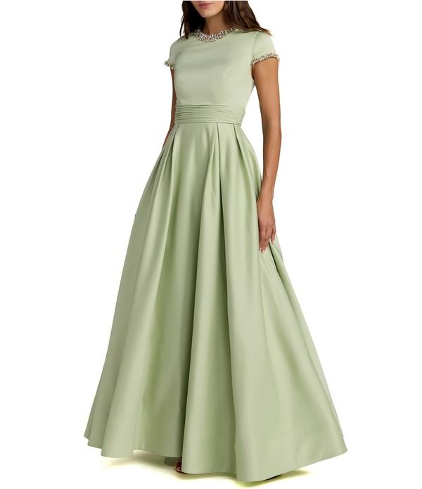 マックダガル レディース トップス ワンピース サテン キャップ Mac Duggal Embellished Satin Cap Sleeve Longown With Pocketsage セージ