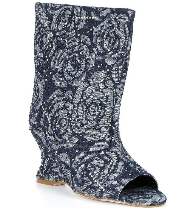アザレア ワン レディース シューズ ブーツ・レインブーツ フラワー柄 デニム フラワー Azalea Wang Elphaba Floral Denim Studded Peep Toe Wedge