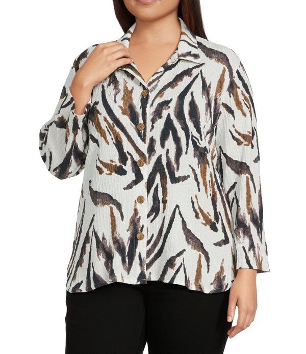 アリ マイルス レディース トップス シャツ プラスサイズ プリント ニット Ali Miles Plusize Textured Knit Zebra Print Point Collar 34 S