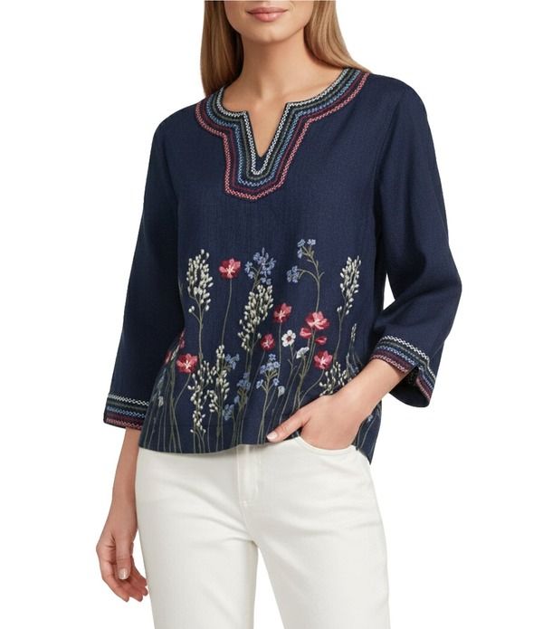 ジョン マーク レディース トップス シャツ Vネック フラワー柄 リネン フラワー John Mark Linen Blend Embroidery Border Floral Split VNec