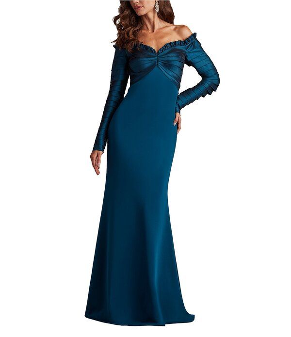 タダシショージ レディース トップス ワンピース クレープリーツ Tadashi Shoji OfftheShoulder Pleated Taffeta Crepe Gown Cerulean Bl