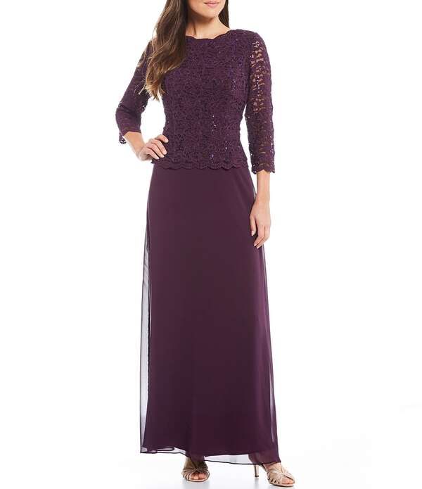 アレックスイブニングス レディース トップス ワンピース シフォン クルーネック スパンコール スカート レース Alex Evenings 34 Sleeve Sequined Lace Crew