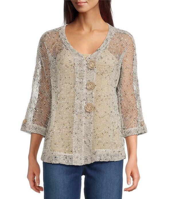 アリ マイルス レディース アウター コート Vネック プチ メッシュ ジャケット Ali Miles Petite Size Woven Mesh Speckled VNeck Elbow Leng