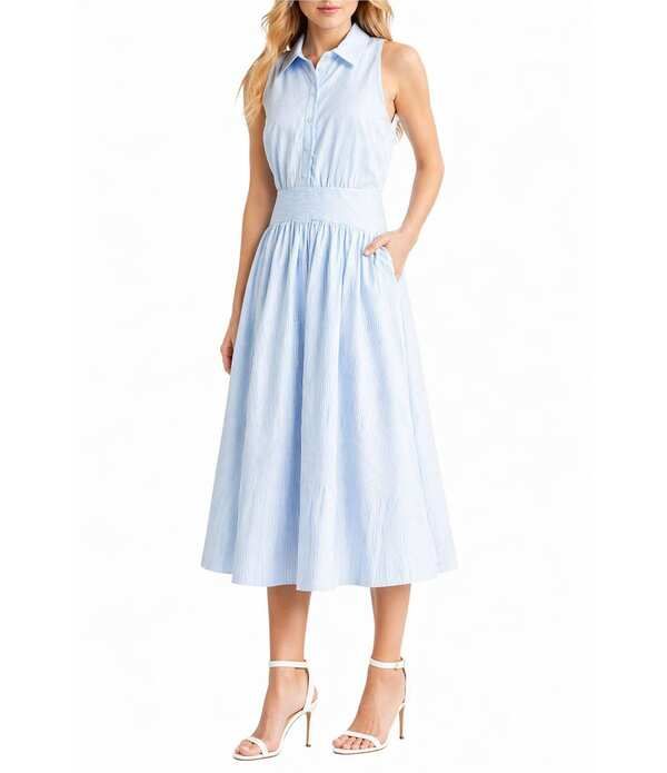 サムエデルマン レディース トップス ワンピース ミディ シャツ Sam Edelman Striped Midi Shirtdress WhiteBlue ホワイト