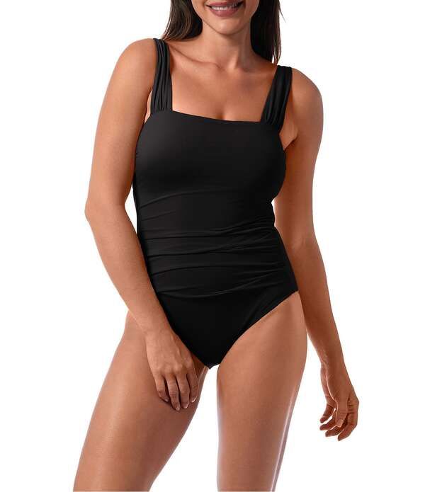 ジャントゼン レディース トップス ワンピース レース Jantzen Hilda Solid LaceUp Shirred Tummy Control One Piece Swimsuit Blac