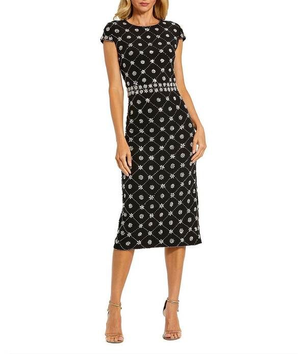 マックダガル レディース トップス ワンピース クルーネック ミディ キャップ Mac Duggal Beaded Crew Neck Cap Sleeve Sheath Midi Dress Bla