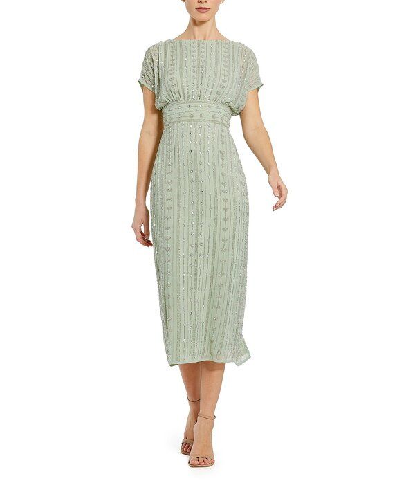 マックダガル レディース トップス ワンピース シフォン ミディ Mac Duggal Beaded Chiffon Short Sleeve Boat Neck Sheath Midi Dressa