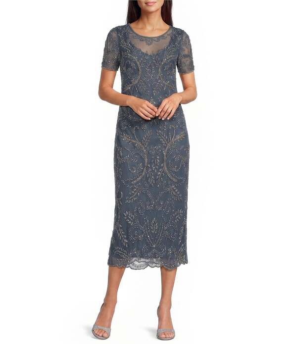ピサッロナイツ レディース トップス ワンピース プチ メッシュ ミディ Pisarro Nights Petite Size Beaded Meshort Sleeve Midi Dress Gre