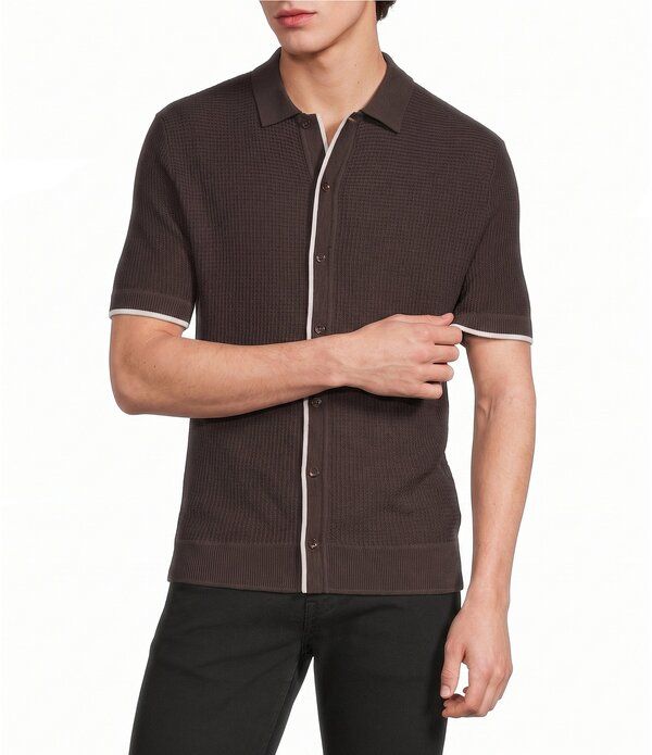 ムラノ メンズ トップス シャツ セーター コート ニット Murano Tipped Sweater Knit Short Sleeve Coat Front Shirt Dark Cedar