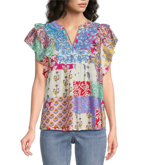 カレッサ レディース トップス シャツ Vネック フリル 刺繍 キャップ Calessa Modern Mosaic Embroidered Split VNeck Ruffle Cap Sleeve