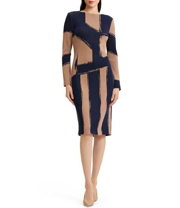 ミンウォン レディース トップス ワンピース プリント ニット Ming Wang Jacquard Knit Brushstroke Print Boat Neck Long Sleeve Shea
