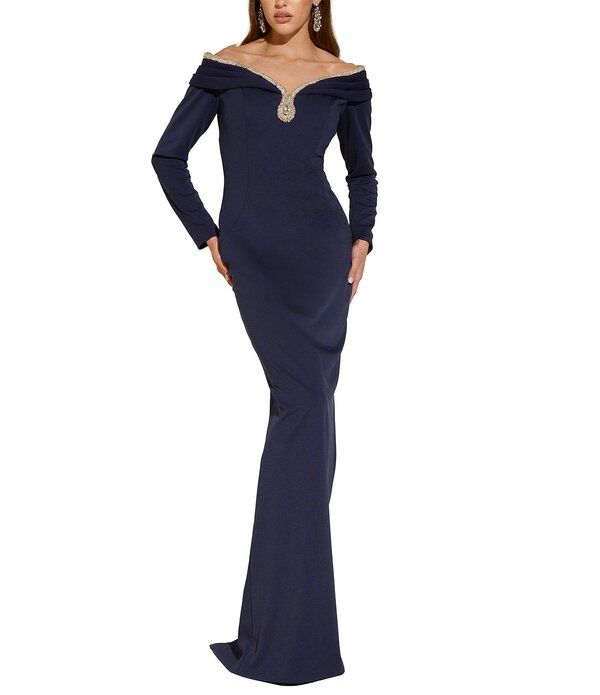 テラニクチュール レディース トップス ワンピース Terani Couture Off The Shoulder Long Sleeve Beaded Gown Midnight Navy ネイビー
