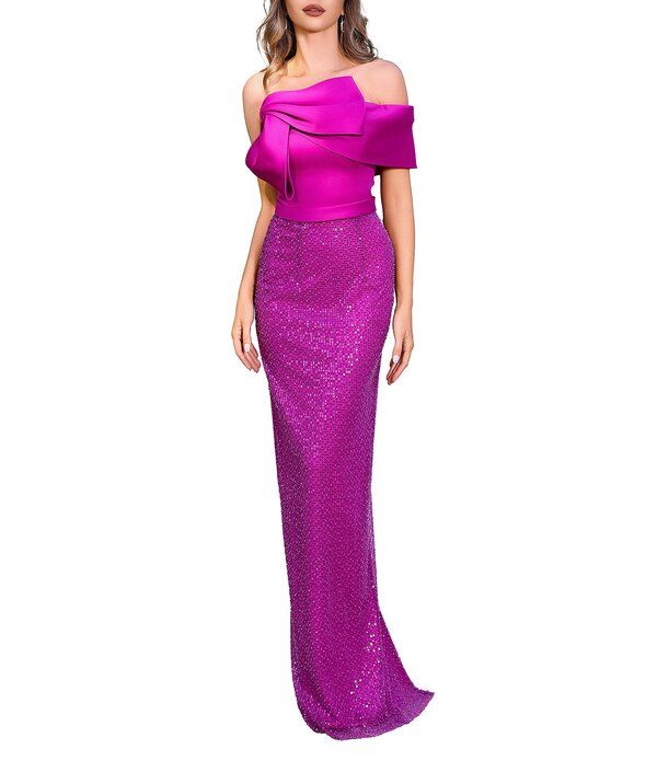テラニクチュール レディース トップス ワンピース クレープ スパンコール Terani Couture Sequin One Off The Shoulder Neckline Crepe Gown