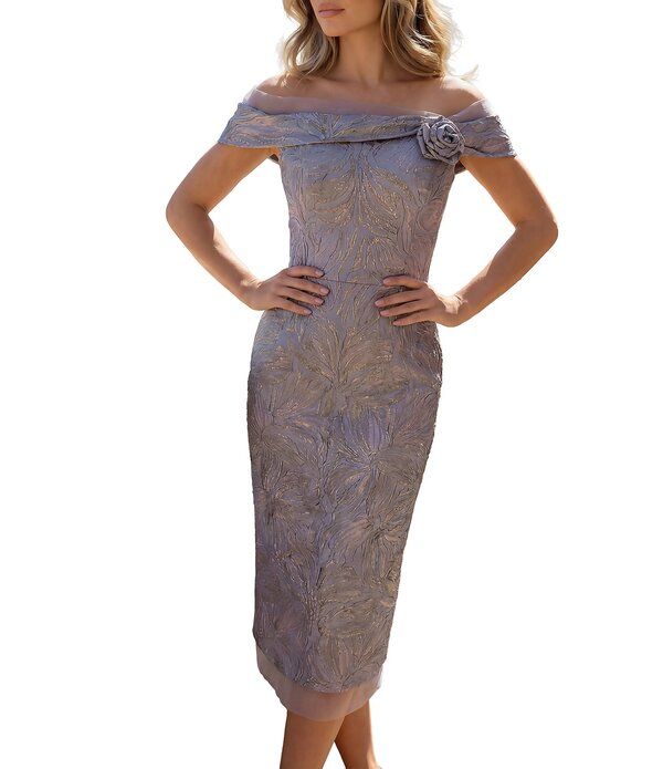 テラニクチュール レディース トップス ワンピース ミディ トール Terani Couture Off The Shoulder Metallic Jacquard Midi Dress Blue