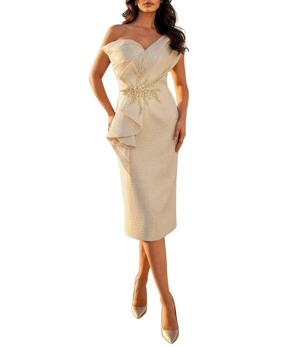テラニクチュール レディース トップス ワンピース ミディ トール Terani Couture One Shoulder Metallic Jacquard Midi Dress Champagne