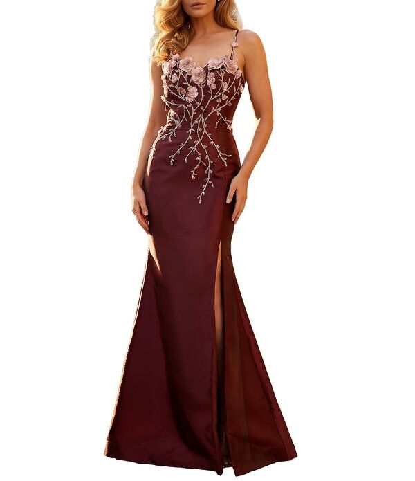 テラニクチュール レディース トップス ワンピース ノースリーブ Terani Couture Mikado Beaded Square Neck Sleeveless Column Gown Bur