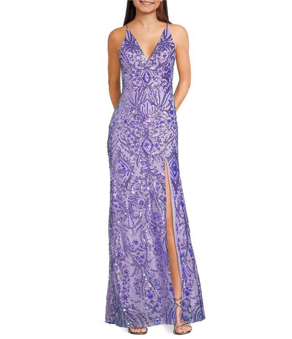 ブロンディナイツ レディース トップス ワンピース サイドスリット Vネック スパンコール Blondie Nitesequin Patterned VNeck Side Slit Dress Lav 31,720円
