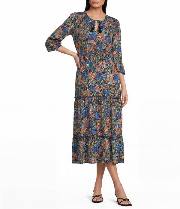 カレッサ レディース トップス ワンピース ティアード ミディ Calessa Spring Blues Round Neck Elbow Length Sleeve Tie red Midi Dre