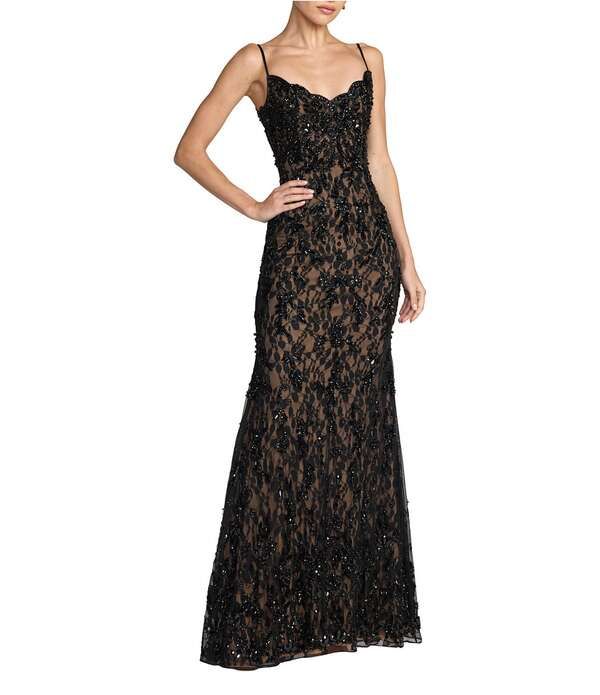 マックダガル レディース トップス ワンピース ノースリーブ レース Mac Duggal Sleeveless Illusion Lace Column Gown Black Nude ブラック